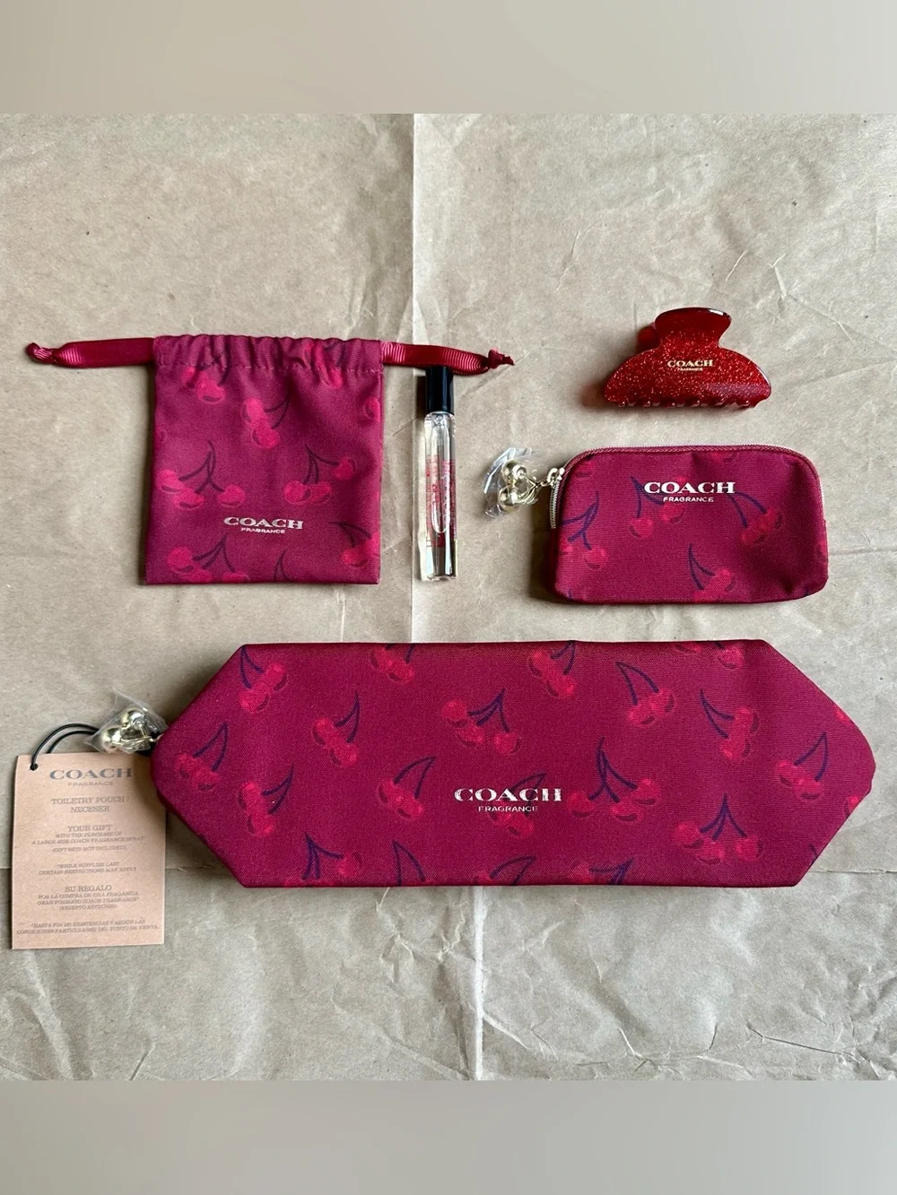 New Coach Fragrance 5-pc Cherry Gift Set: Pouch/Bag/Hair Clip/Travel Spray.